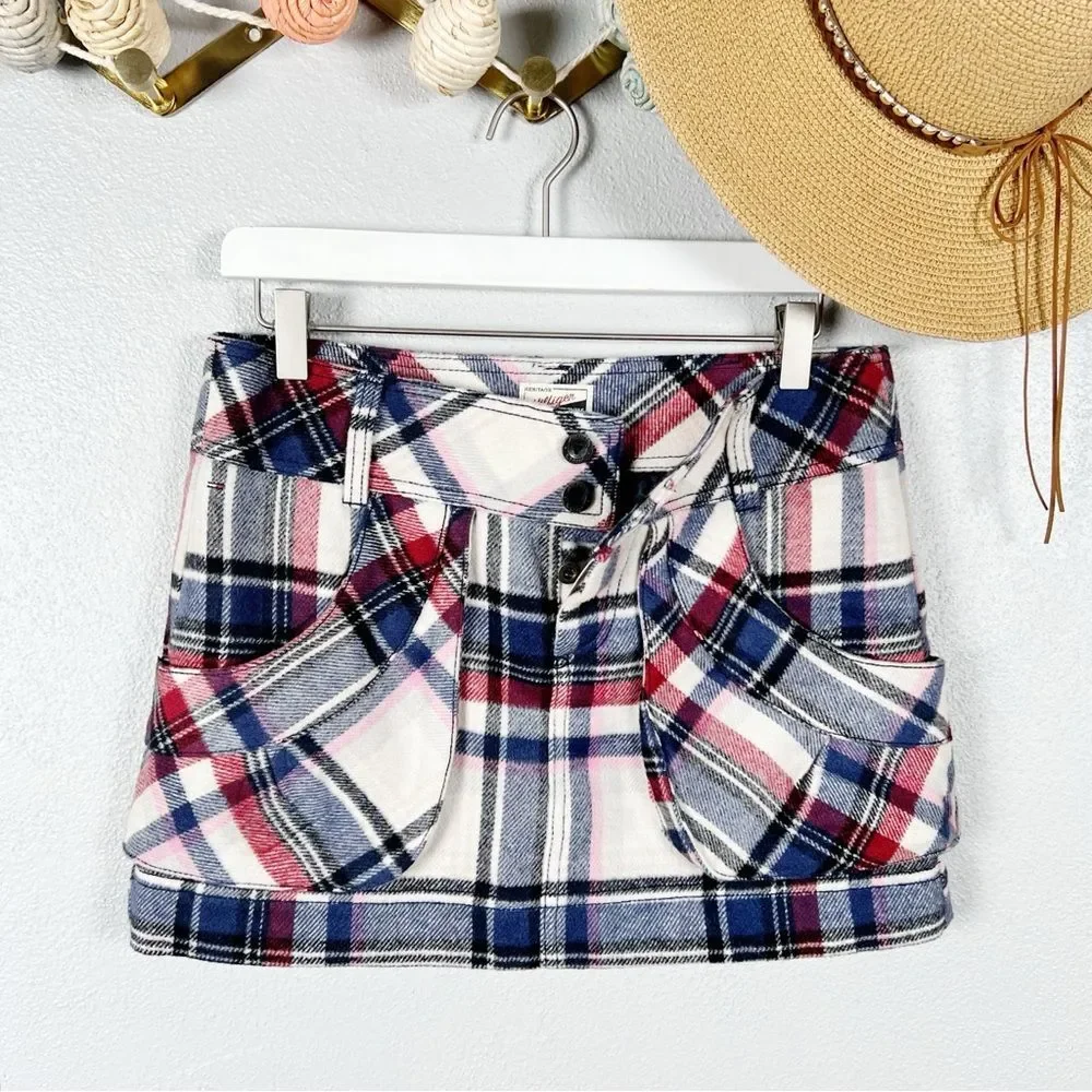Vintage Tommy Hilfiger Plaid Utility Micro Mini Skirt Wool Blend Size Medium